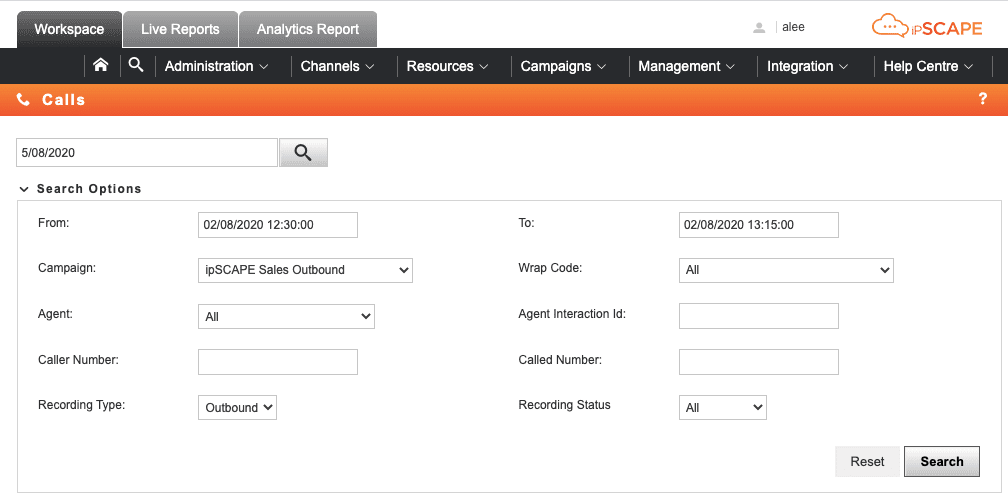 Call recording advanced search functionality 