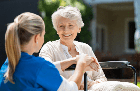 Elderly woman seeking care from a young nurse 