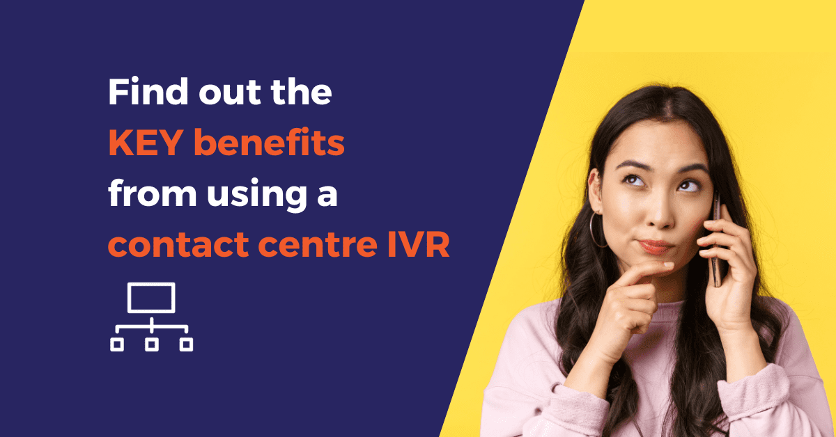 A woman with an inquisitive expression on her face while on the phone. The text 'Find out the key benefits from using a contact centre IVR' is displayed next to her.