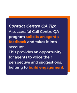 purple square with write and orange coloured writing to explain a tip for contact centre managers.